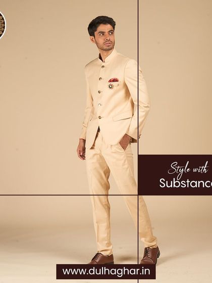 Style with substance. A full look of the cream Bandhgala, emphasizing its clean lines and sophisticated presence.