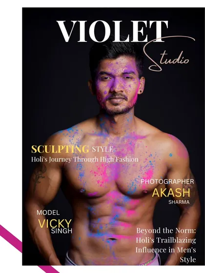 Sculpting style with color. This magazine concept for a Holi shoot highlights a male model's physique, using splashes of color to create a trailblazing, high-fashion image.