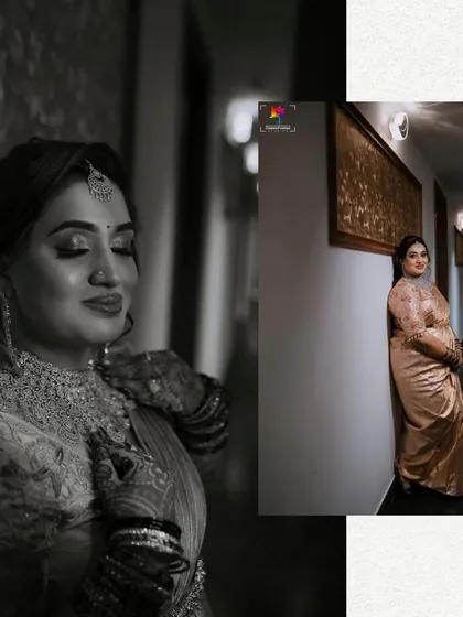A collage of a bride posing in a hallway, showcasing her elegant saree. The mix of color and black and white adds a timeless and artistic quality to the portraits.