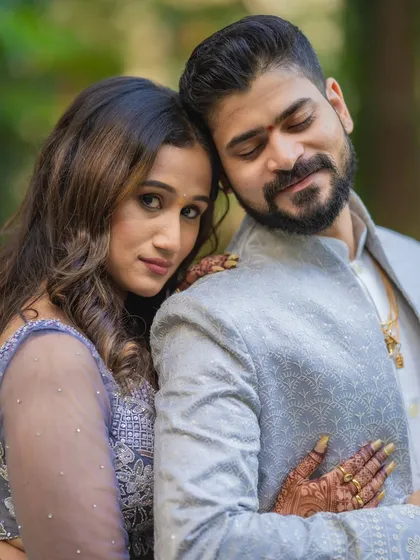 A soulful and intimate close-up portrait of Saurabh and Aishwarya. This style of shot focuses purely on the emotion and connection between the couple.