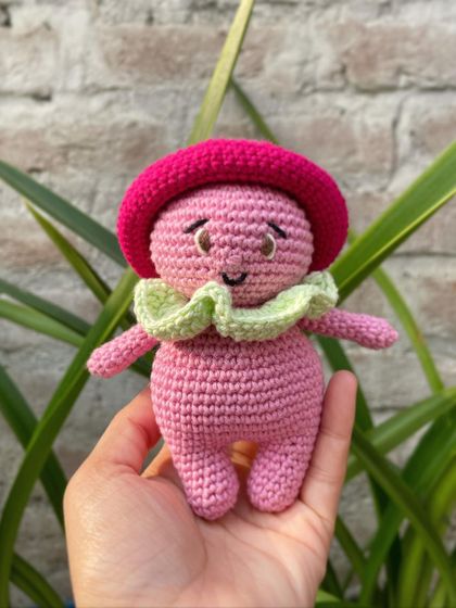 Meet Shin, the Mushroom Sprite. This little pink character with a mushroom cap for a hat is part of my woodland creature collection.