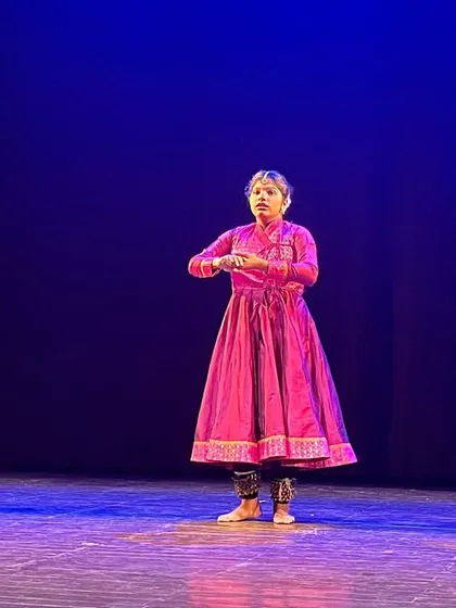 A performance showcasing the traditional `anarkali` style costumes of Kathak. Our students learn about the cultural context, including the attire and history, of the dance forms.