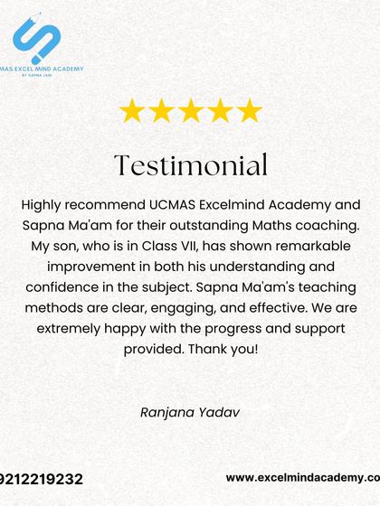 Ranjana Yadav highly recommends our academy for outstanding Maths coaching, highlighting her son's remarkable improvement in understanding and confidence.