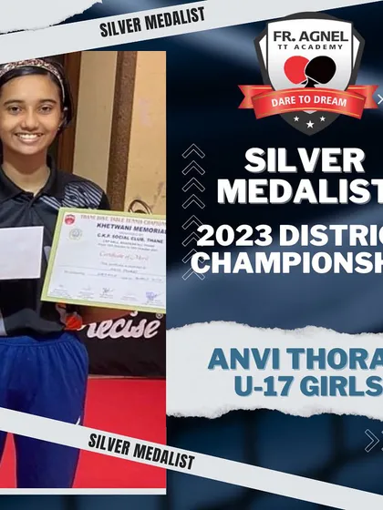 A graphic celebrating Anvi Thorat's silver medal win in the U-17 Girls event at the 2023 Thane District Championship.