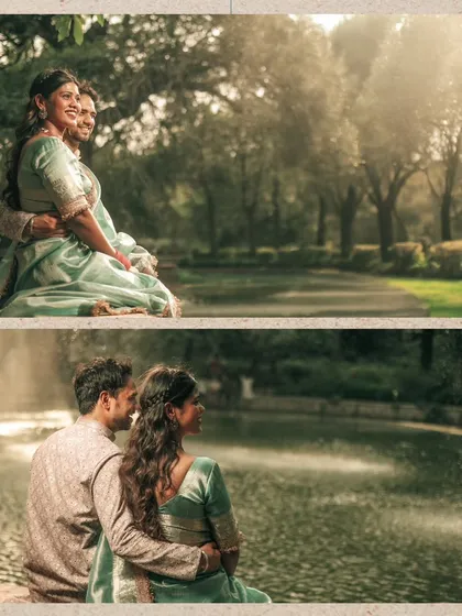 A clean and modern album layout, using two horizontal photos to tell a small story of the couple enjoying a quiet moment.