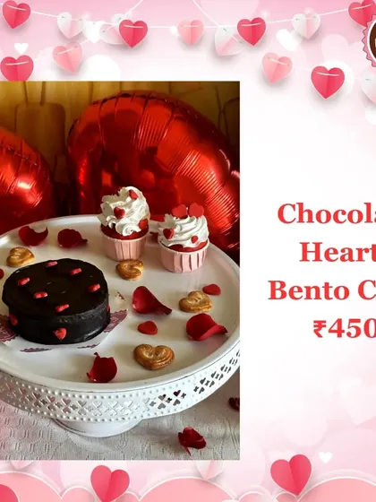 My Chocolate Hearts Bento Cake is a mini cake designed for a Valentine's celebration for two. It's a rich chocolate cake decorated with small hearts, perfectly sized for an intimate treat.