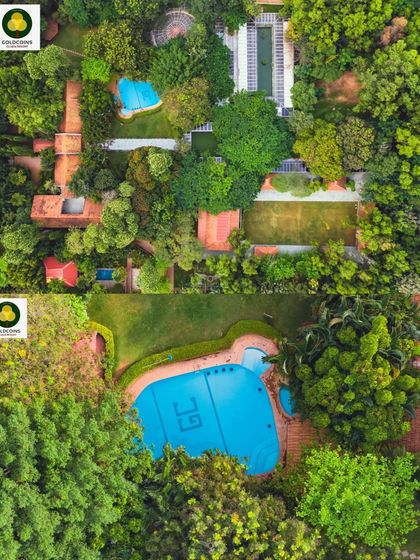 Top-down aerial views of the Gold Coins Club & Resort, focusing on the swimming pool and other amenities hidden within the lush greenery.