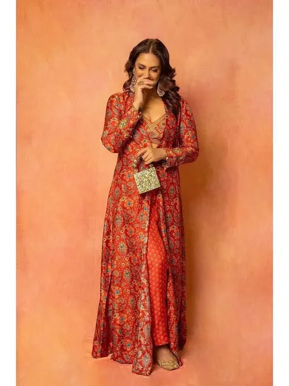 A candid, happy moment in the Label Anushree outfit, showcasing the beautiful print and the ease of wearing a modern ethnic set.