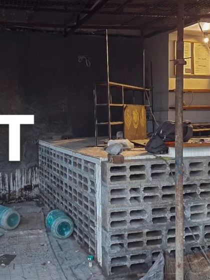The raw bar counter taking shape. Using simple, unfinished concrete blocks gives the space an edgy, deconstructed look that we will later refine with lighting and other finishes.