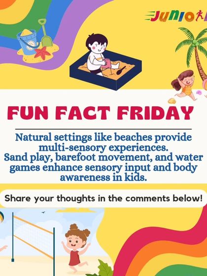 Let little feet feel the sand. This graphic explains the sensory benefits of our beach playdates, which include sand play, barefoot movement, and water games.