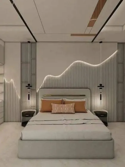 An artistic 3D bedroom concept featuring a dynamic, wave-patterned fluted wall with integrated LED lighting. This design transforms the headboard wall into a sculptural piece of art.