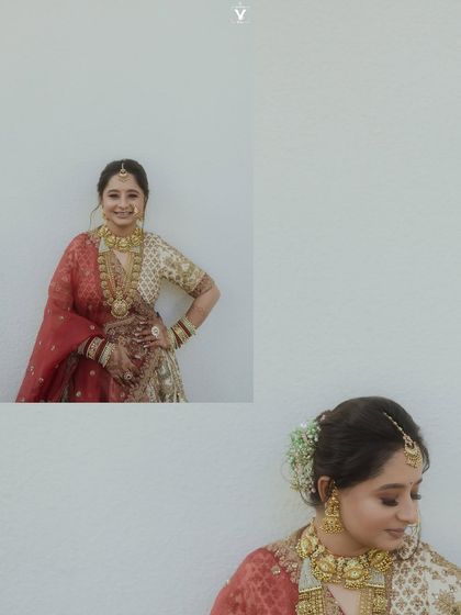 A collage of bridal portraits showcasing her beautiful smile and elegant jewelry. The clean, minimalist background puts all the focus on her radiant presence.
