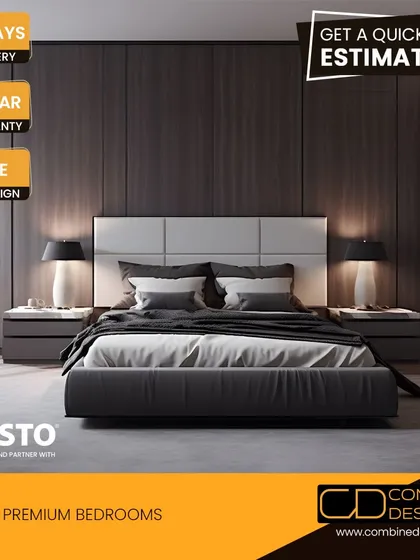 A sleek and contemporary premium bedroom with dark wood wardrobes and a contrasting white headboard.