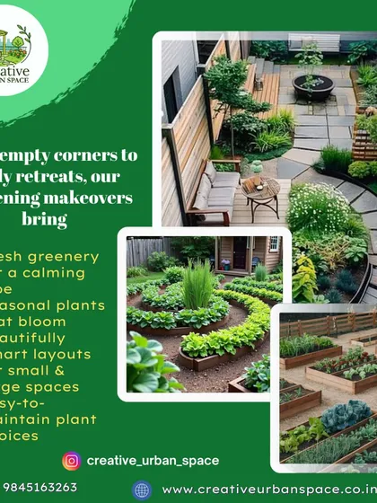 From empty corners to lively retreats, my gardening makeovers bring fresh greenery and seasonal plants to your home. This collage highlights my work with smart layouts for small spaces and the creation of edible gardens with raised beds.