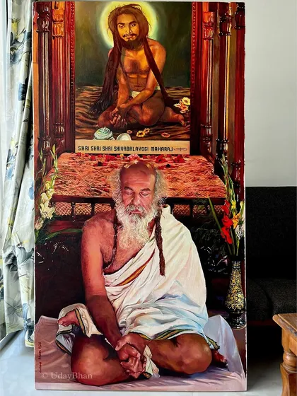 The full view of the finished oil painting, showing its impressive scale and the complexity of the composition.