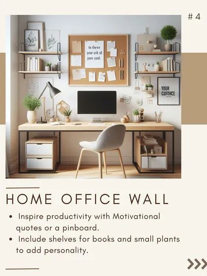 This home office wall is designed for productivity. A pinboard and motivational quotes inspire focus, while open shelves for books and plants add personality.