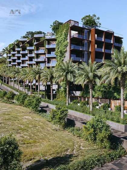 A render of the Westin Nashik's terraced structure. The building's form follows the natural slope of the land, with each level offering private outdoor spaces and lush plantings.