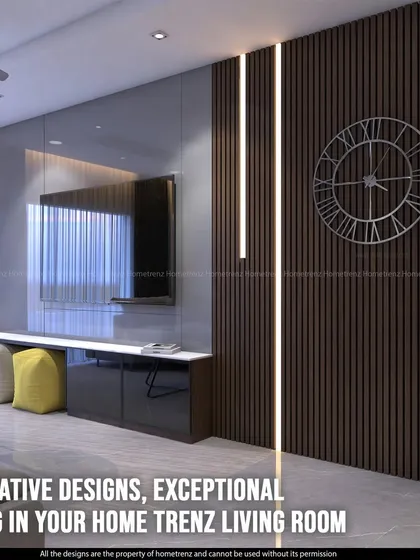 Innovative designs for exceptional living. This TV unit features dark wood fluting and integrated vertical LED lights, creating a dramatic and modern focal point in the living room.