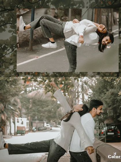 A fun, gravity-defying pose that shows the couple's playful and trusting relationship.