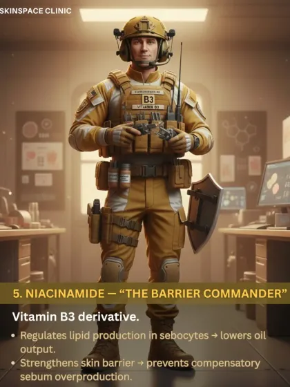 Niacinamide is "The Barrier Commander." This Vitamin B3 derivative regulates lipid production to lower oil output and strengthens the skin barrier to prevent the overcompensation that leads to excess sebum.