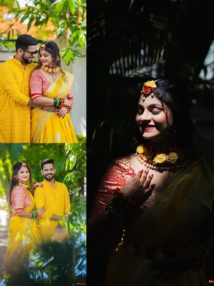 A collage from a Haldi photoshoot, including a dramatic shot of the bride in the shadows and romantic couple portraits.