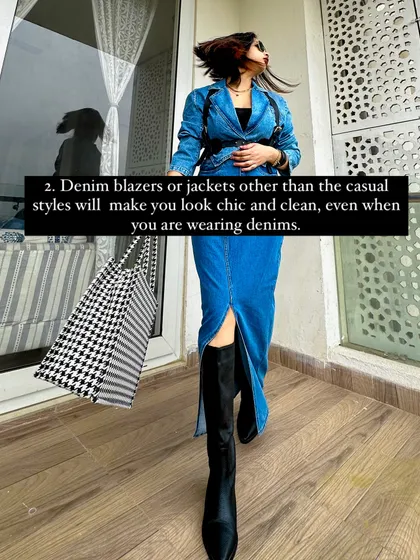 My second tip: a denim blazer or a jacket in a non-casual style will instantly make your denim look more chic and professional.