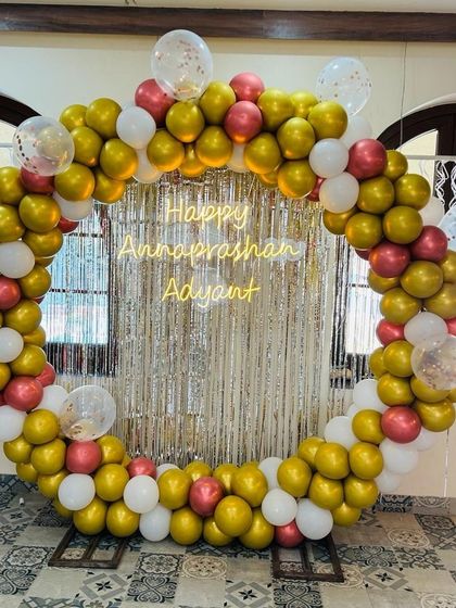 A full view of the beautiful Annaprashan ceremony backdrop.