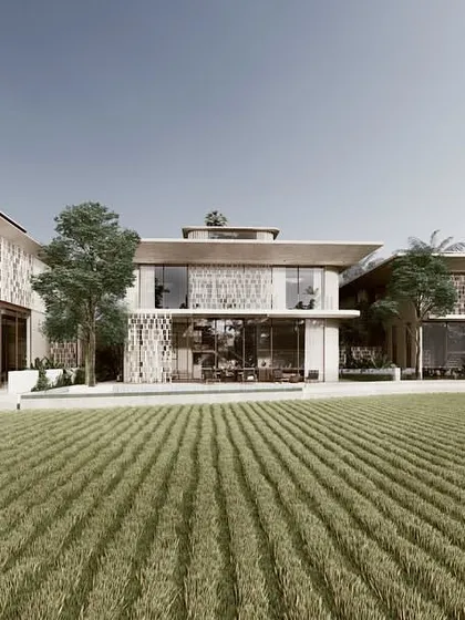 For our "Pavilions in the Fields" project, the architecture is designed to be a quiet observer of the vast landscape. These three homes are placed as minimalist pavilions, using a language of solid stone and transparent screens to create a dialogue between the structure and the unending paddy fields.