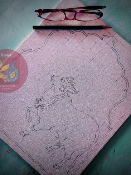 The first pencil sketch of a different Pichwai cow, this one in a more dynamic, leaping pose. Exploring different compositions is part of my creative process.