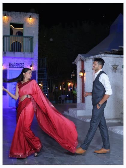 A beautiful night shot on our European-style street set, with the flowing saree adding a touch of Bollywood-style romance.