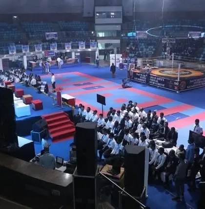 An overhead view of the stadium during the WAKO Indian Open, showing the scale of the event. Competing here is an invaluable experience for our athletes.