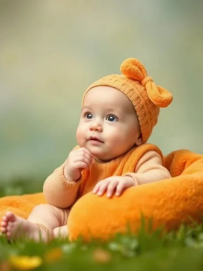 A professionally shot portrait of a baby in a cute orange outfit, sitting outdoors on a soft blanket. This highlights our outdoor baby photography service.