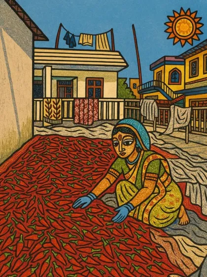 Madhubani Art: The washed chillies are laid out on the terrace to be sun-dried. This step is crucial for developing the right texture and flavour.