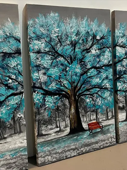 A closer look at the triptych, where you can see the little red bench under the tree.