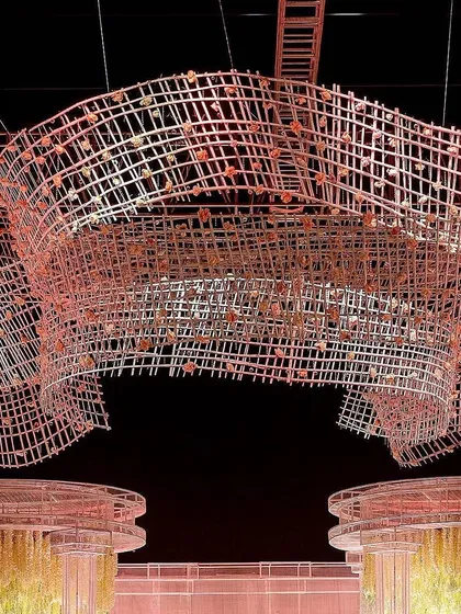 Another perspective of the massive ceiling structure, showing how it curves and flows through the space. It was designed to be a piece of architectural art for the event.
