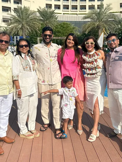 The Savla men at a destination wedding in Bahrain, dressed in our coordinated linens and conscious collection. From lavender shackets to our iconic Toucan shirt, they epitomize effortless family style.