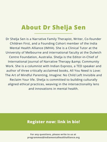 This provides information about Dr. Shelja Sen, a Narrative Family Therapist and co-founder of Children First, who leads many of our advanced training sessions. Her work focuses on culturally aligned, ethical practices in mental health.