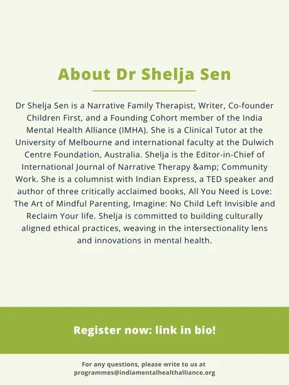 Learn more about Dr. Shelja Sen, a Narrative Family Therapist, author, and co-founder of Children First. She is committed to building culturally aligned and ethical practices in mental health.