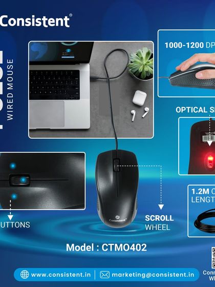 The "Pulse" wired mouse is an ergonomic peripheral with a 1000-1200 DPI optical sensor for precise tracking. It features three durable buttons, a scroll wheel, and a 1.2-meter cable, making it a reliable tool for daily tasks.