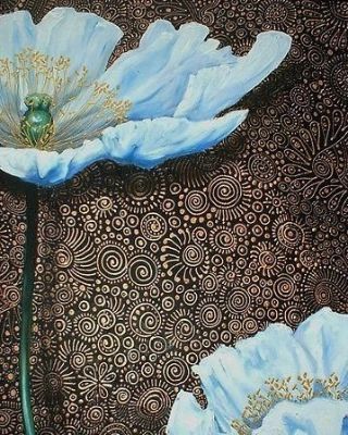 This artwork combines detailed pattern work with floral painting, creating a rich visual texture. We explore various methods for adding depth and intricate backgrounds to your pieces.