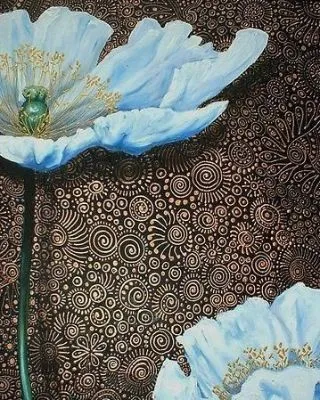 This artwork combines detailed pattern work with floral painting, creating a rich visual texture. We explore various methods for adding depth and intricate backgrounds to your pieces.