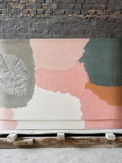 A custom-made multi-color bar table with a delicate leaf imprint. This piece combines our abstract color work with a touch of nature, creating a truly unique and beautiful piece of functional art.