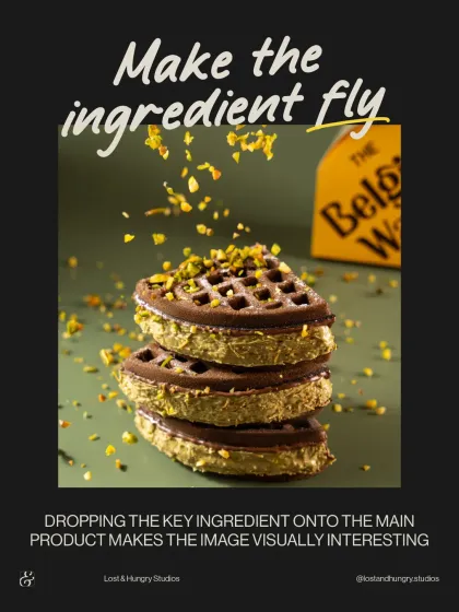 An example of our creative process for The Belgian Waffle Co, where we make the key ingredient fly. By capturing the pistachios mid-air as they sprinkle onto the waffle, we add a sense of action and dynamism, making the still image feel alive.