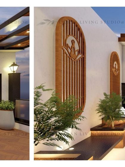 This design detail for the Gurgaon project shows decorative wooden panels and a small water feature, demonstrating our focus on adding unique, artistic elements.