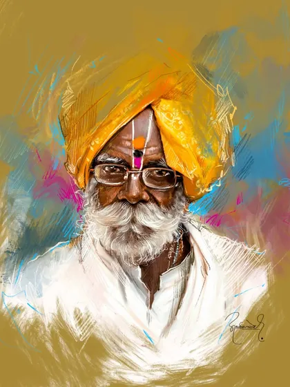 A digital portrait of a Maharashtrian man in a traditional yellow turban. The colorful, painterly style celebrates the folk culture and deep-rooted traditions of our land.