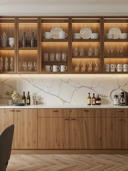 A beautiful wooden crockery unit with integrated lighting, showcasing how smart storage can also be a stunning design feature in a dining space.