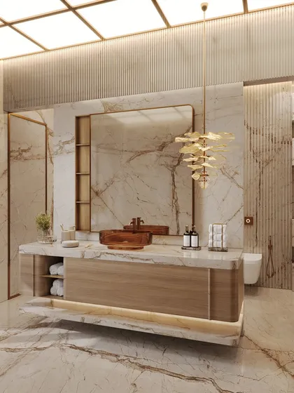 This expansive master bathroom is clad in richly veined marble. The visualization showcases a floating double vanity, a sculptural pendant light, and a sense of open luxury.