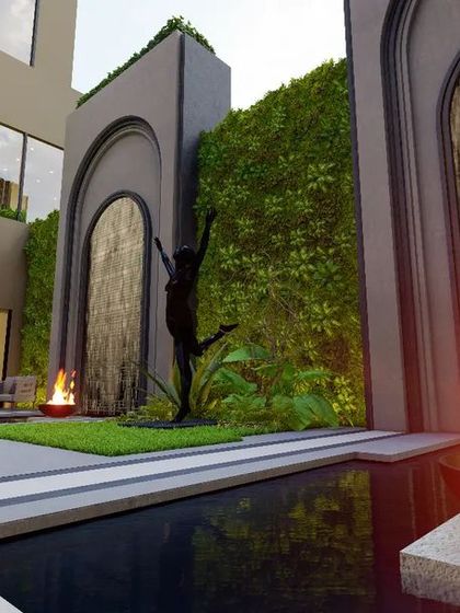 A serene hotel courtyard concept in Lucknow, where lush green walls and cascading waterfalls create an idyllic oasis. This space is designed for outdoor dining, allowing guests to unwind amidst the tranquil beauty of fire and water elements.