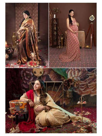 A collage showcasing the beauty and variety of our ethnic maternity shoots. From rich fabrics to traditional props like diyas, we celebrate your culture.