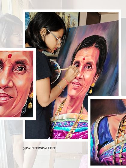 A collage showing the process of painting the mother's portrait. You can see the close-up details of me adding highlights to her eyes and the intricate patterns on her saree.